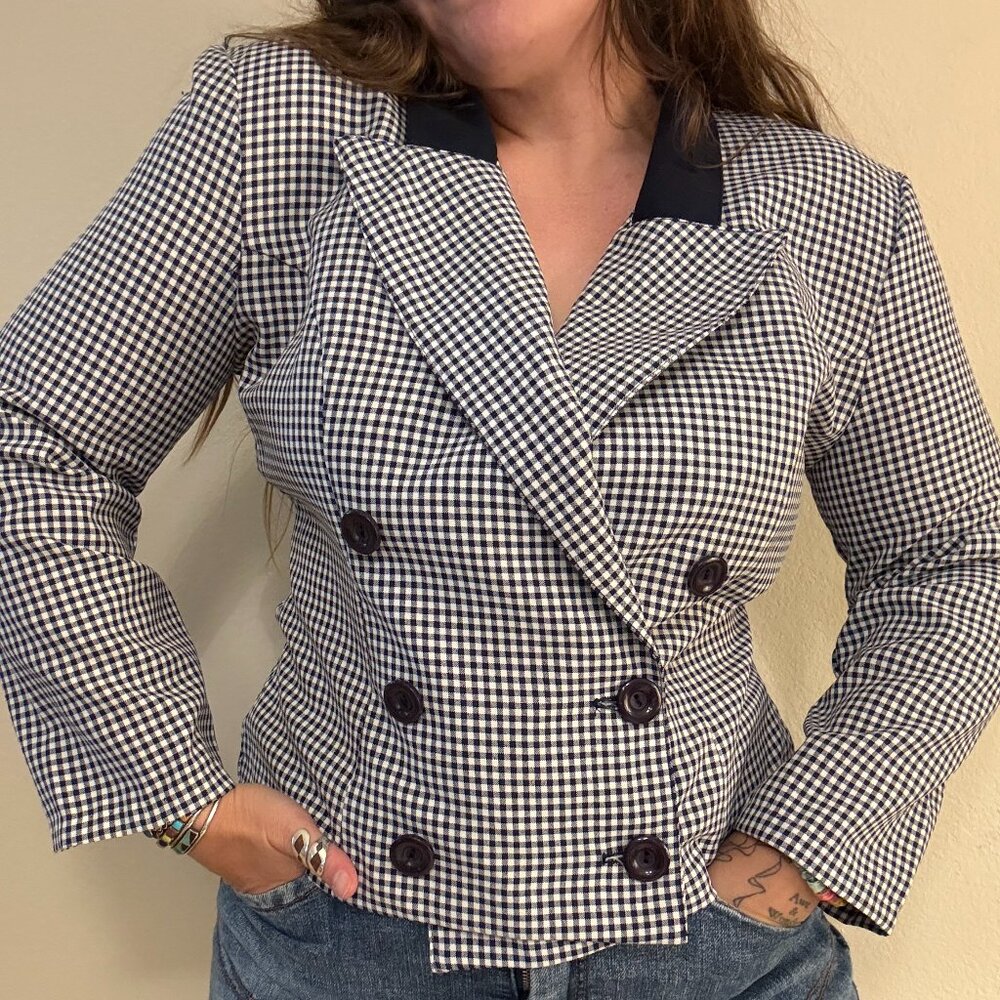 PRICE FIRM Vintage 90s Brioche Gingham Double Breasted Boxy Blazer Jacket Navy